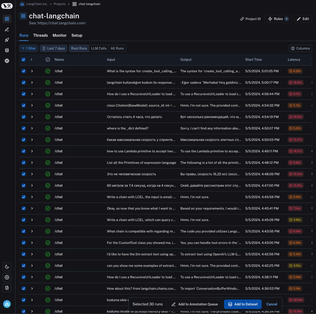 View of the runs table with runs selected. Add to Annotation Queue button at the bottom of the page.