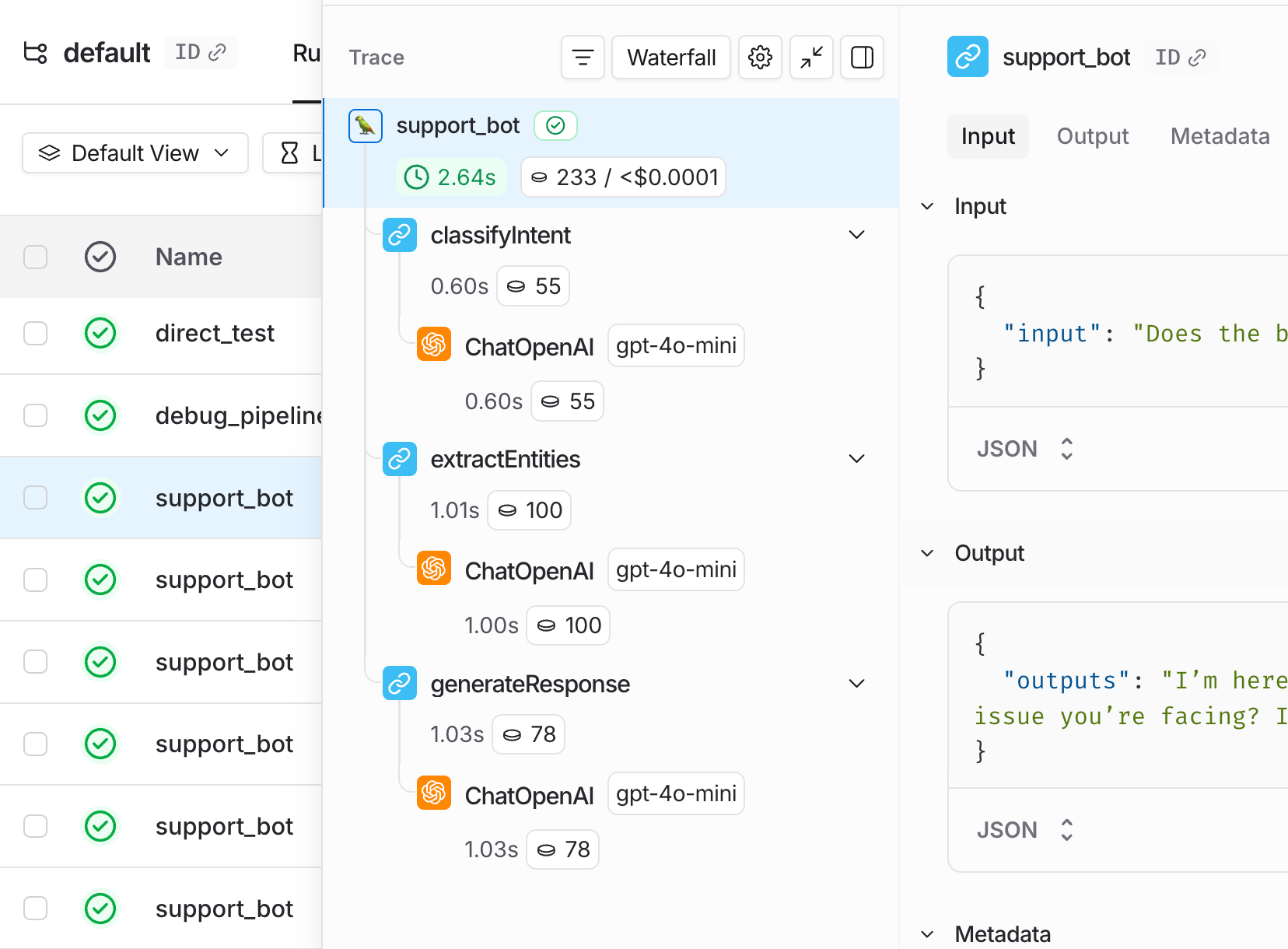 Trace with individual runs in the LangSmith UI.