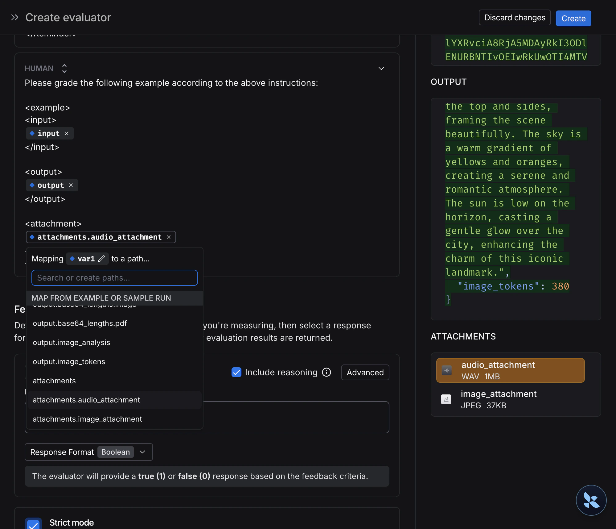 Create evaluator modal with an audio attachment selected for output variable.