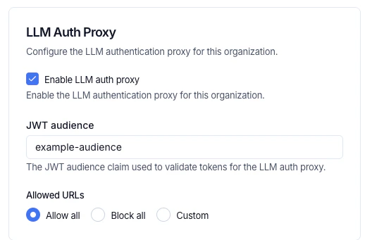 LLM Auth Proxy settings in LangSmith showing the Enable LLM auth proxy checkbox, JWT audience field, and Allowed URLs radio buttons with Allow all selected.