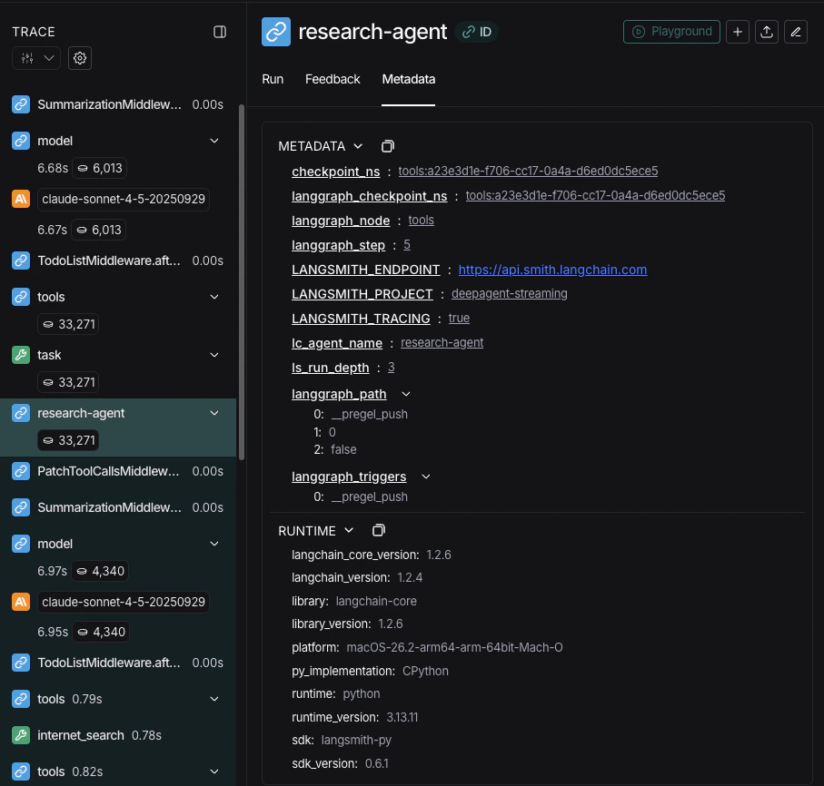 LangSmith Example trace showing the metadata