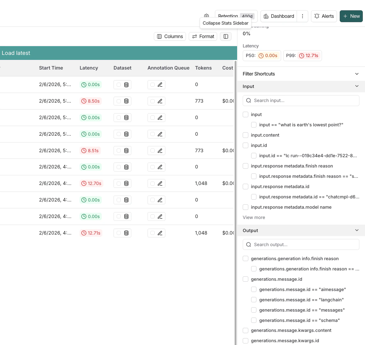 LangSmith filter shortcuts sidebar showing quick access filters for common run attributes