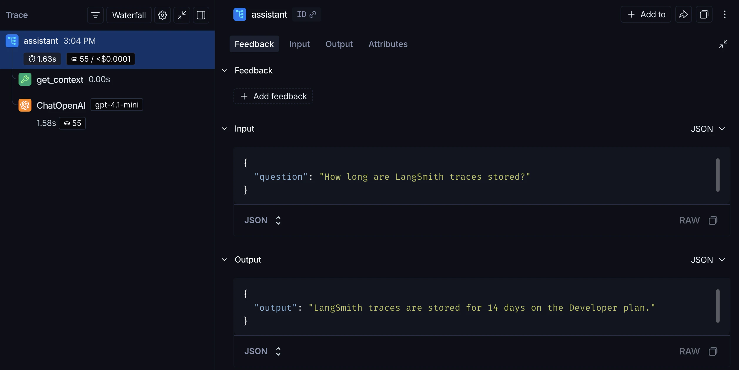LangSmith UI showing a trace with an outer application span and a nested LLM call span.