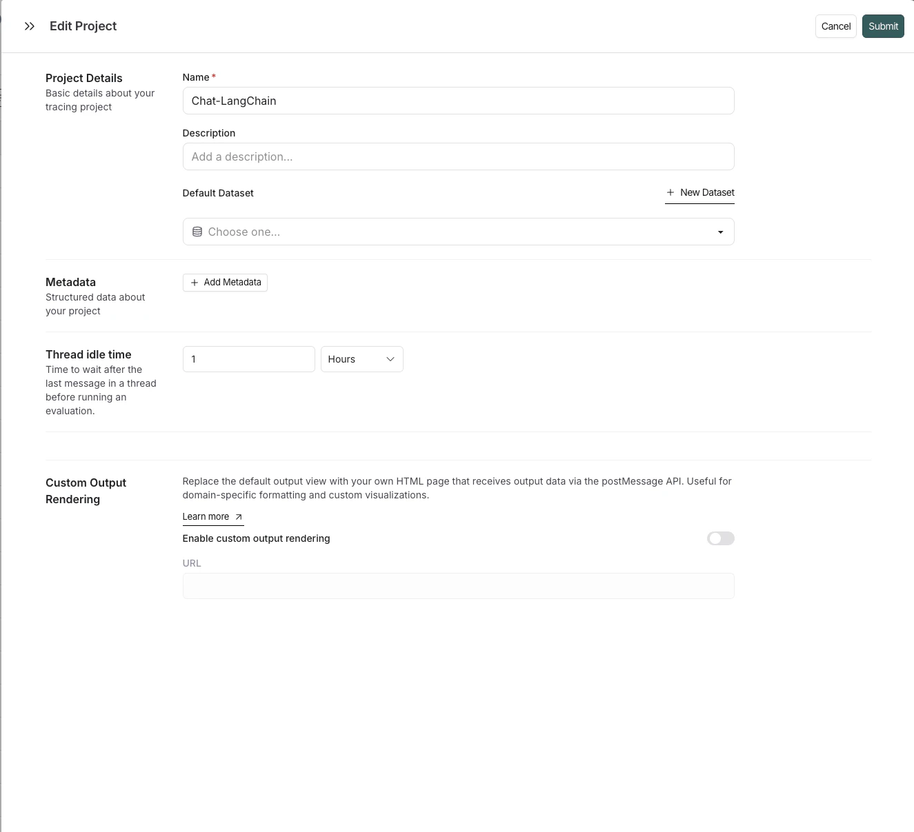 Tracing project settings showing custom output rendering configuration