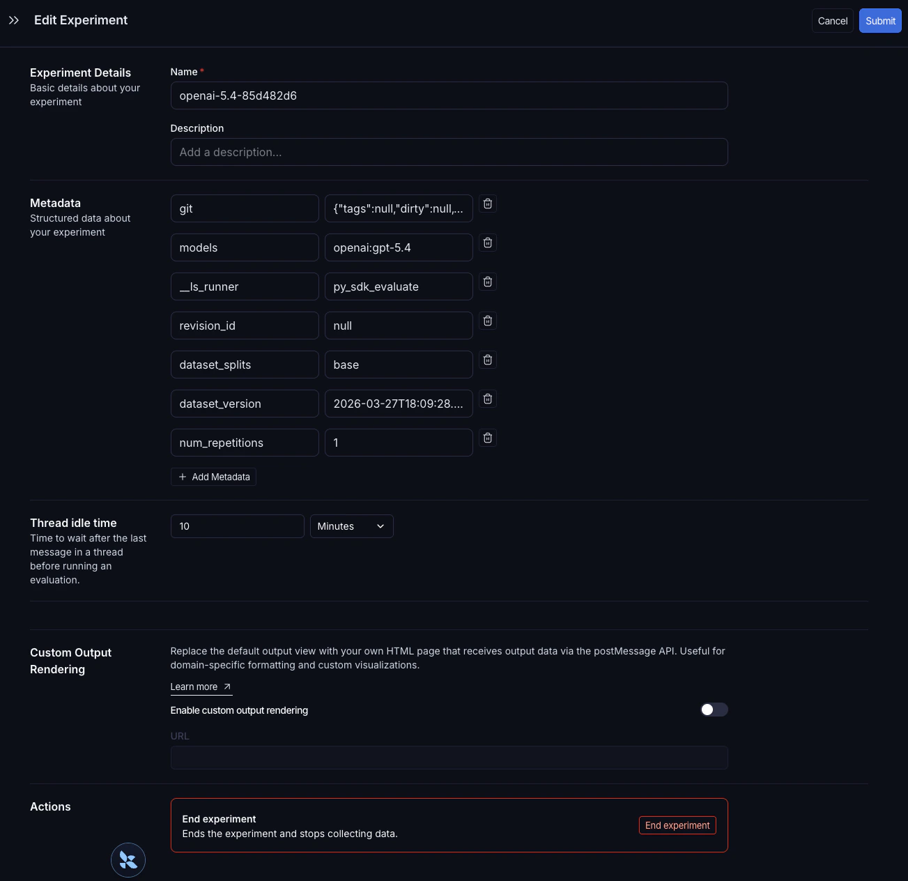 Edit Experiment panel showing metadata key-value pairs and the Add Metadata button.