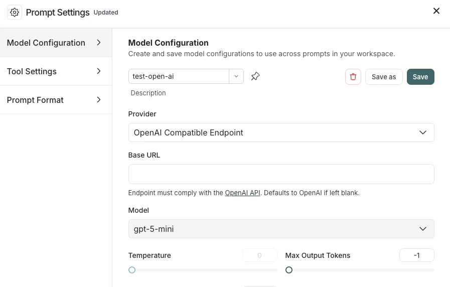 Model Configuration window in the LangSmith UI with a model selected and the Provider dropdown with OpenAI Compatible Endpoint selected.