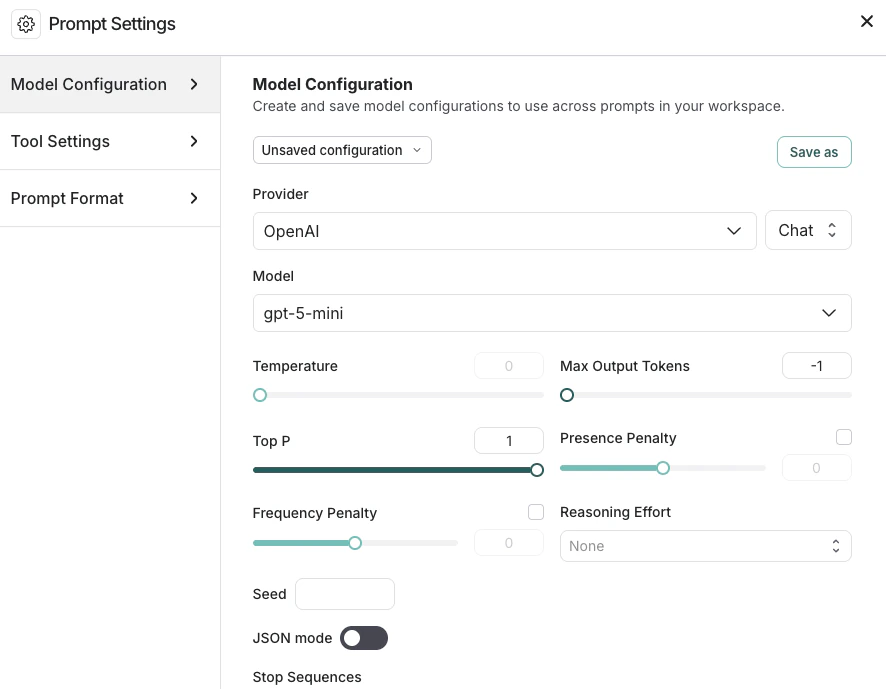 Model Configuration window in the LangSmith UI, settings for Provider, Model, Temperature, Max Output Tokens, Top P, Presence Penalty, Frequency Penalty, Reasoning Effort, etc.