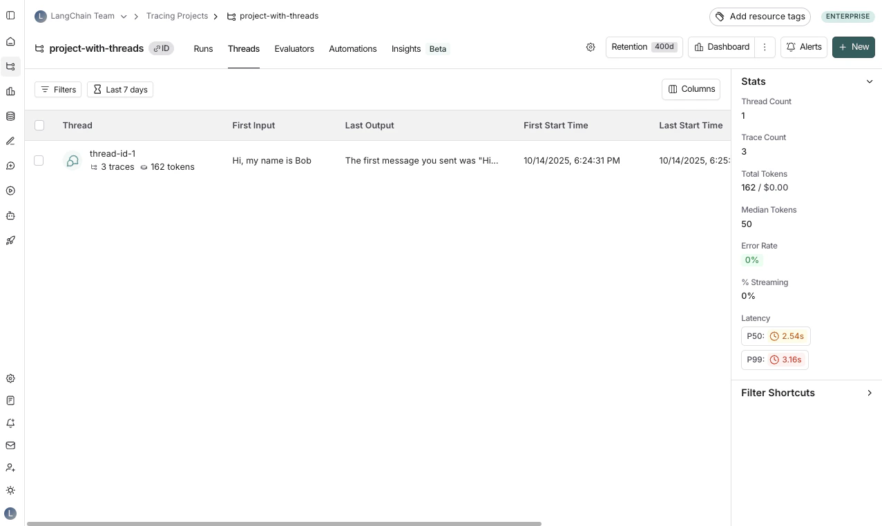 LangSmith UI showing the threads table.