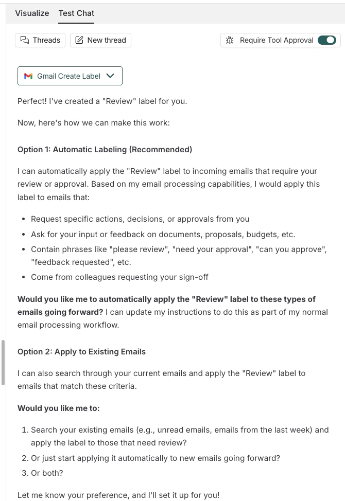 Test chat output view with response including approvals for Gmail tool.