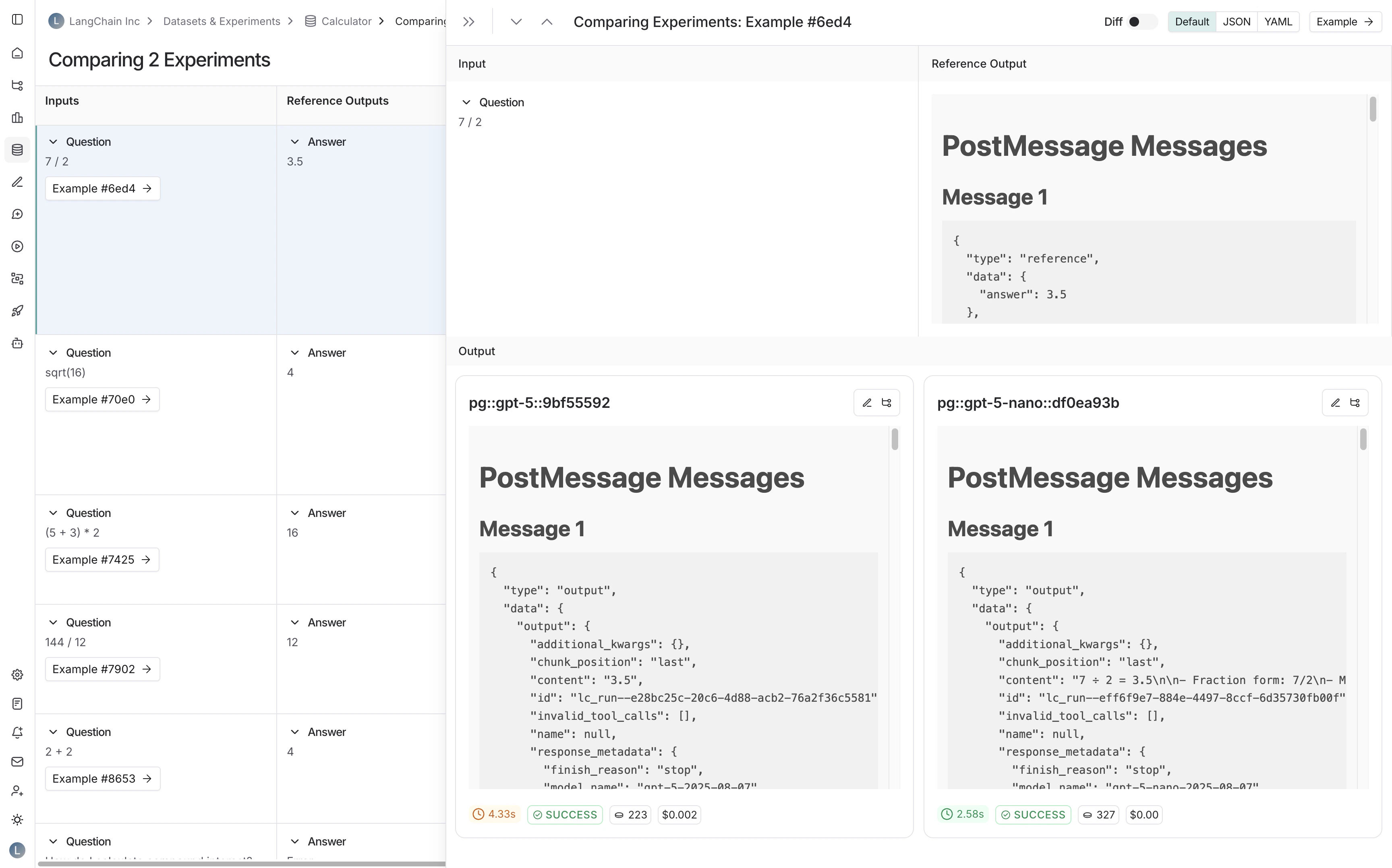 Experiment comparison view showing custom rendering