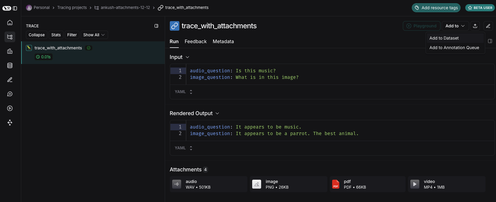 Add trace with attachments to dataset