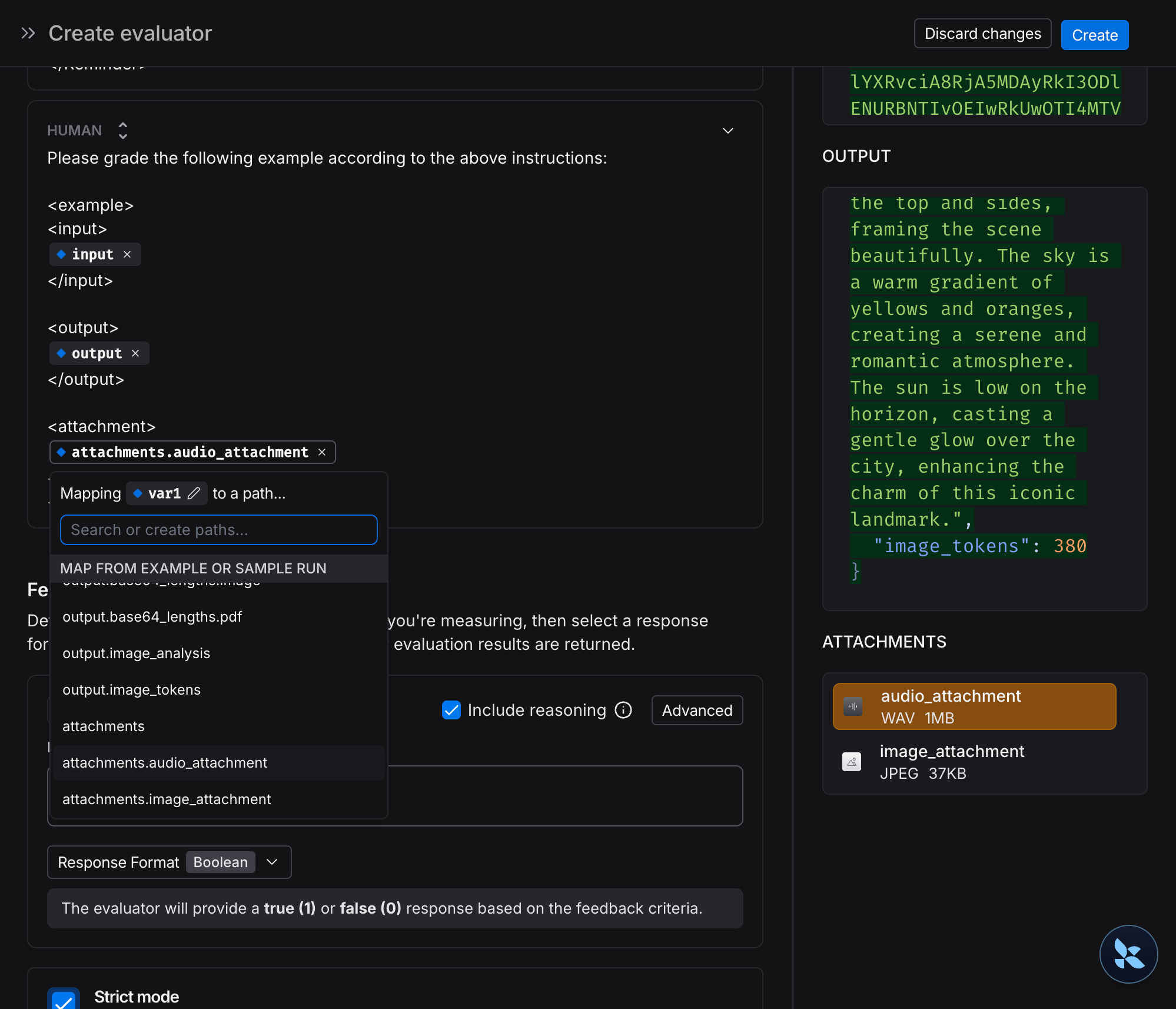 Create evaluator modal with an audio attachment selected for output variable.