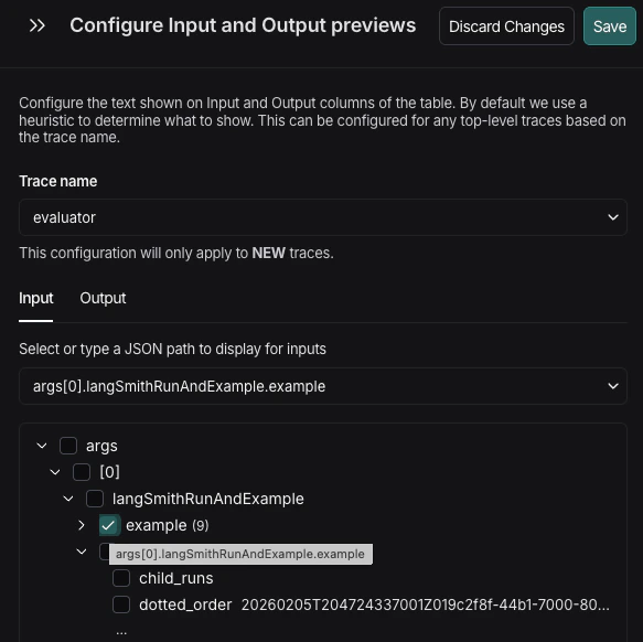 Configure Input and Output previews side panel showing the tree view of trace data structure