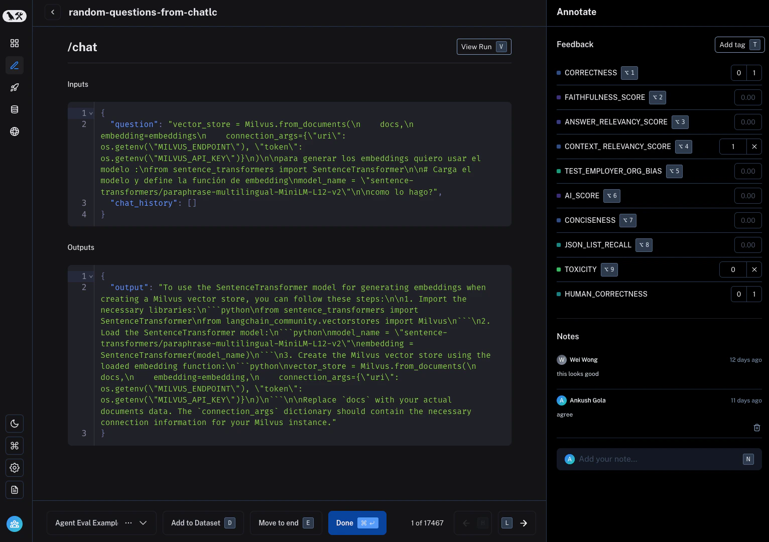 View or a run with the Annotate side panel. Keyboard shortcuts visible for options.