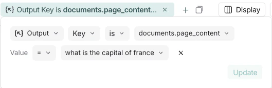 LangSmith filter showing output key-value search using dot notation for 'documents.page_content' key