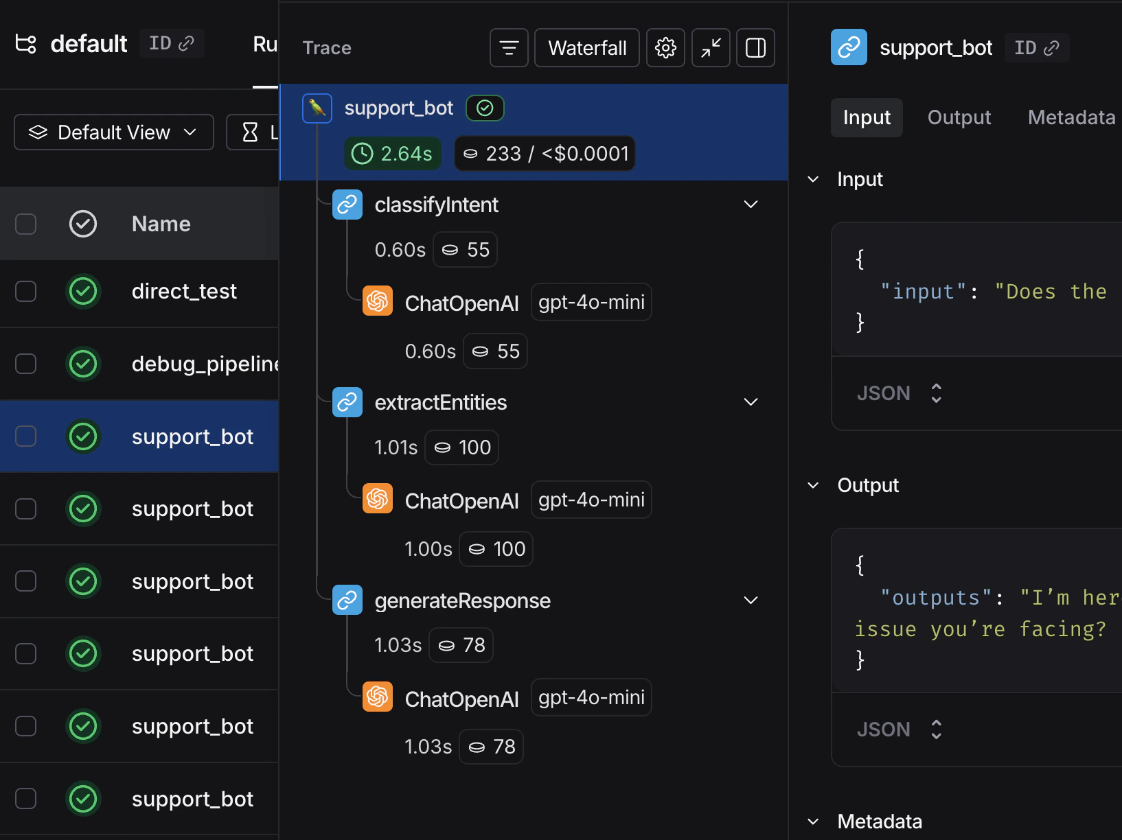 Trace with individual runs in the LangSmith UI.