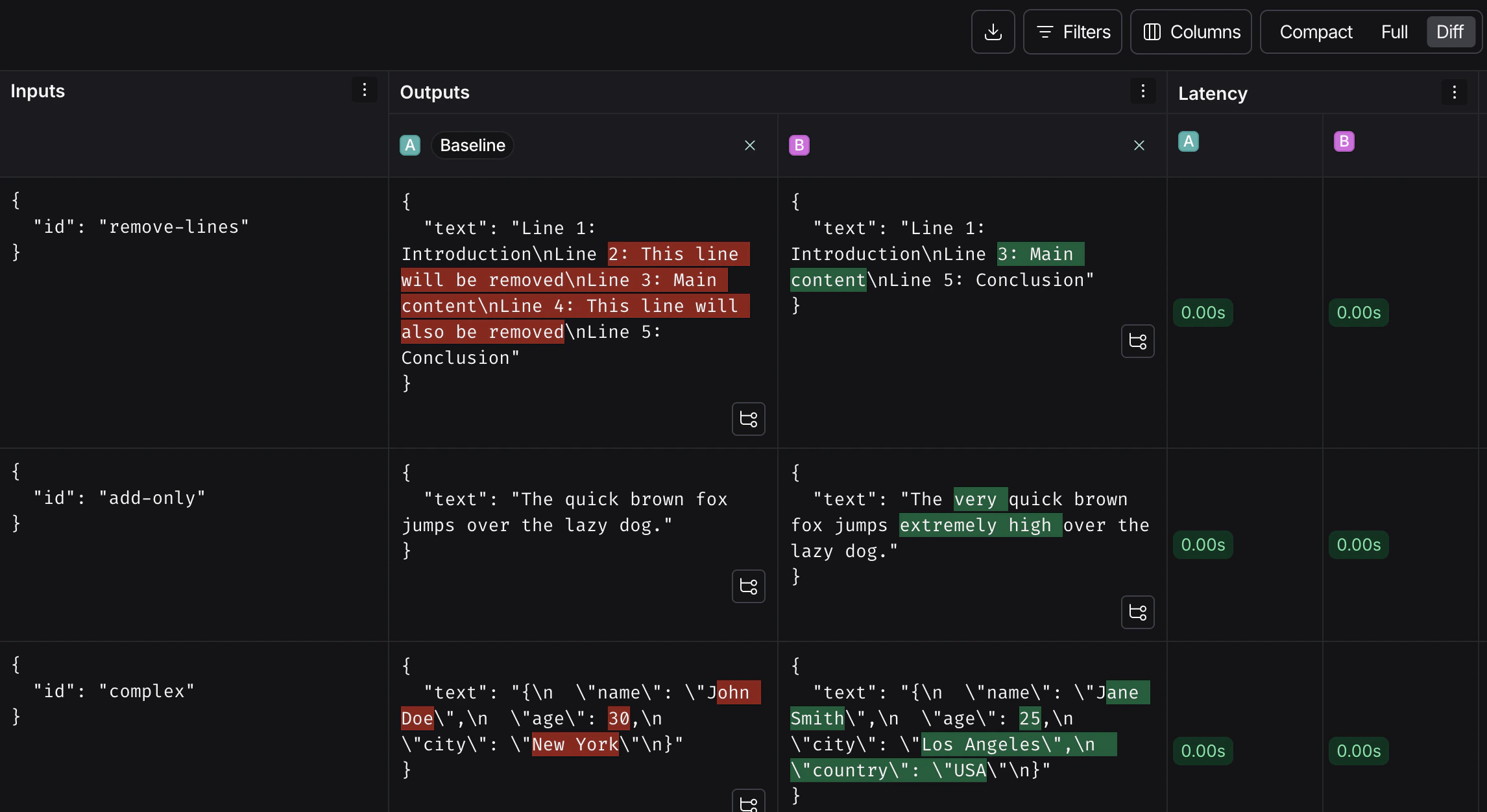 The comparison diff mode in dark.