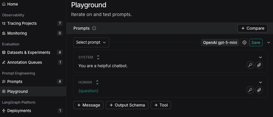 Playground with the system prompt ready for editing.