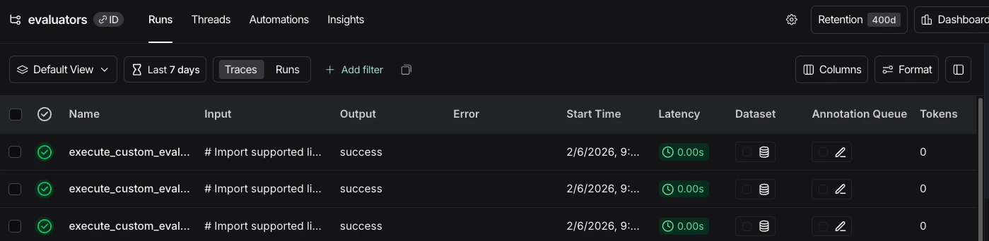 Runs table showing the Format button at the top to configure input and output previews