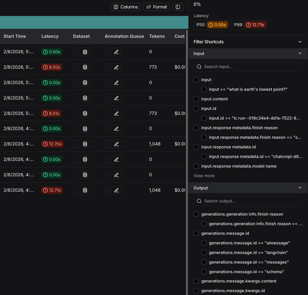 LangSmith filter shortcuts sidebar showing quick access filters for common run attributes