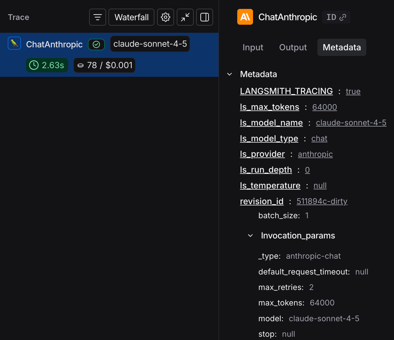 Metadata for a run in the LangSmith UI.