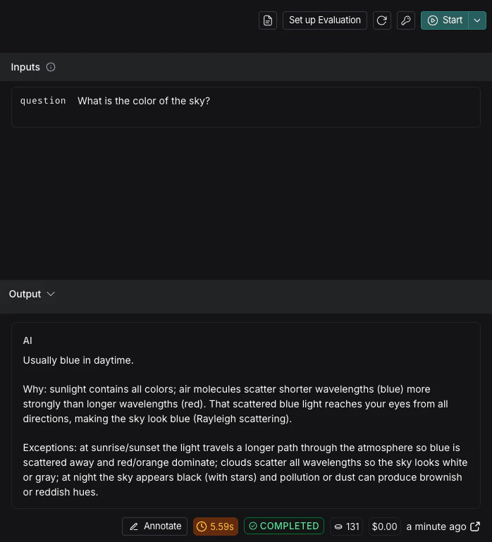 The input box with a question entered. The output box contains the response to the prompt.