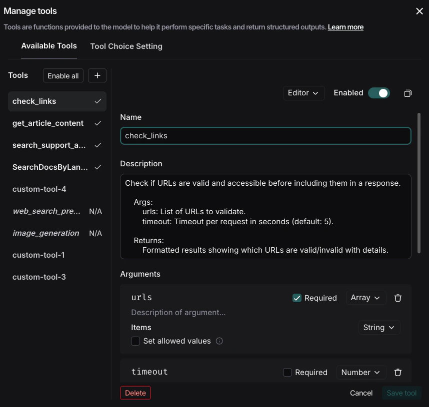 Manage tools with a list of available tools, Enabled switch, and edit functionality.
