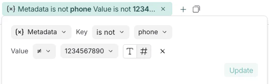 LangSmith filter showing negative filtering with 'is not' operator for both key and value
