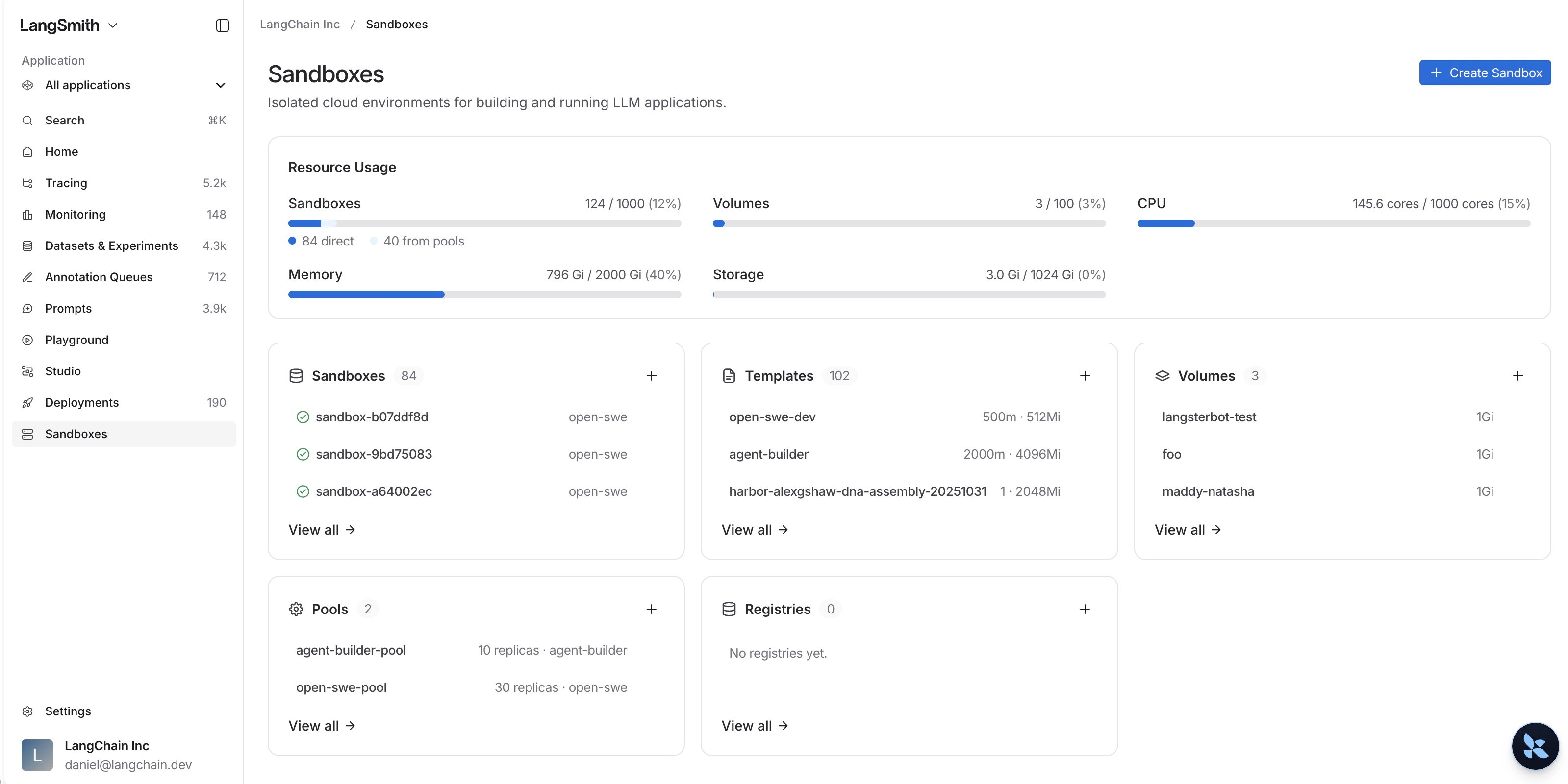 Sandboxes overview page