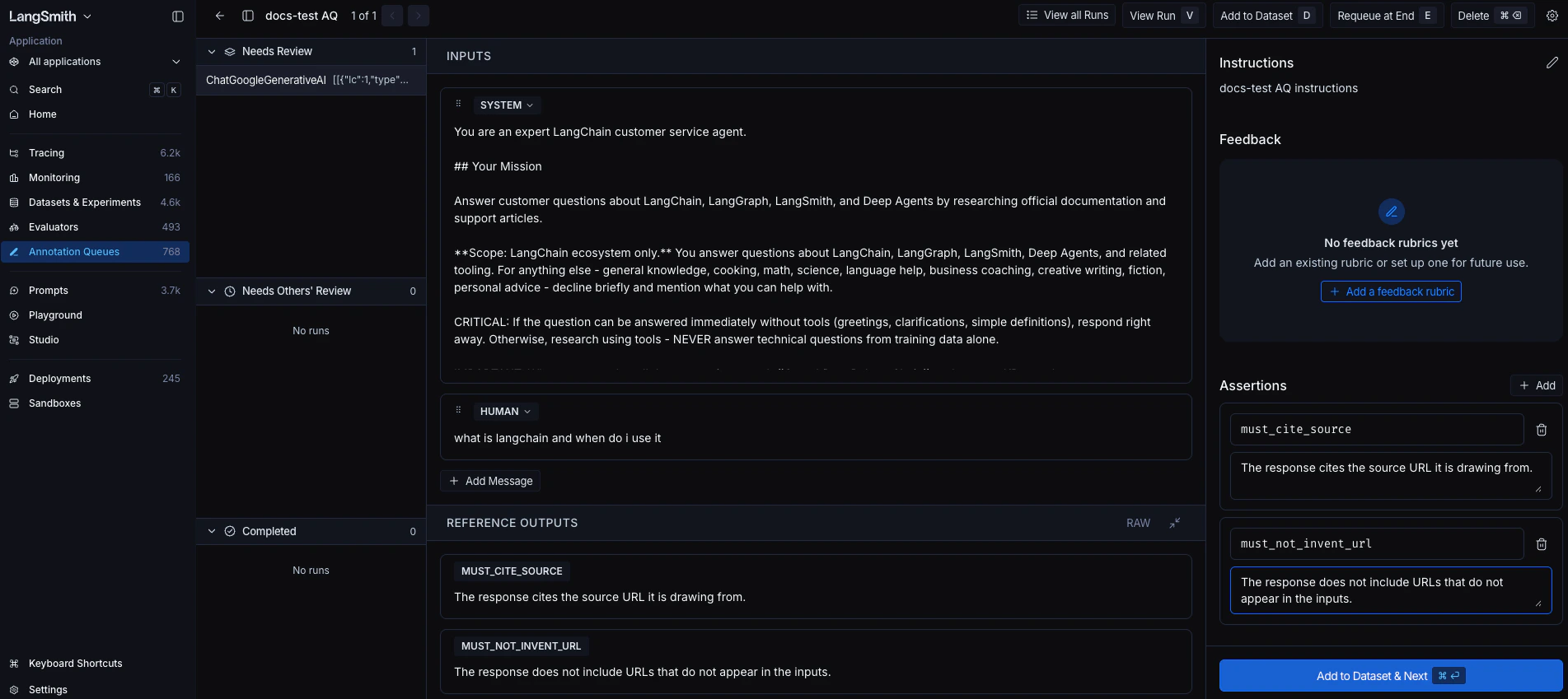 Annotation queue run editor with assertions added in the side panel and the Outputs panel showing a read-only preview of those assertions.