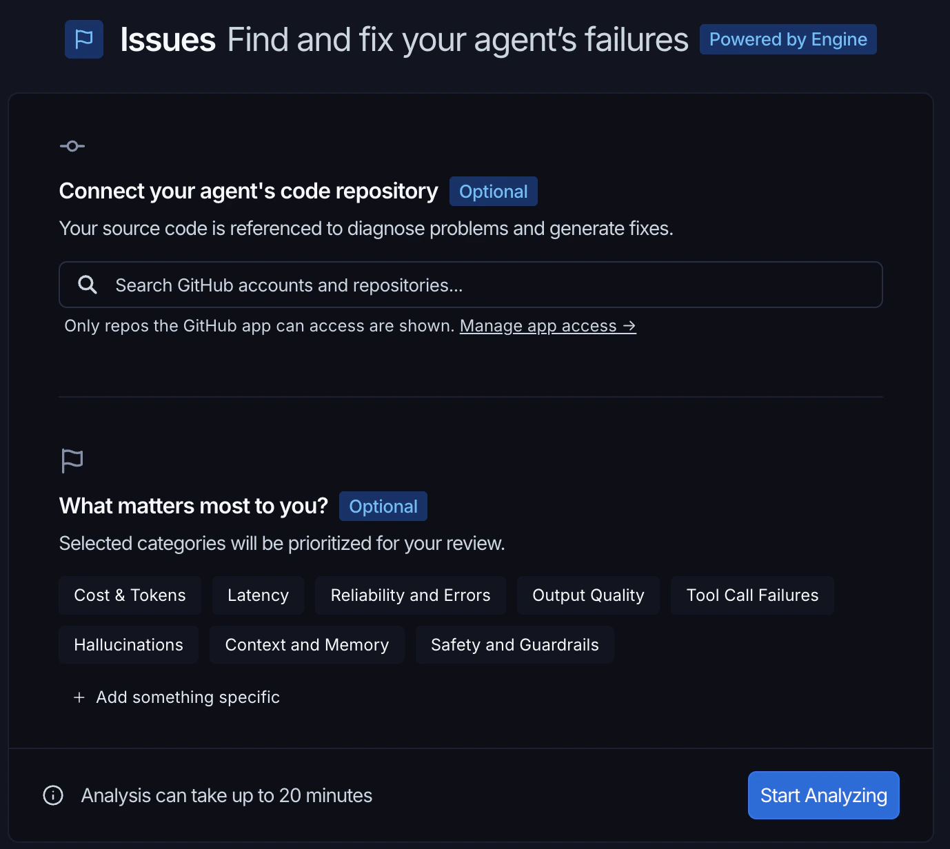 Setup dialog showing the code repository field and category selections for prioritizing issue types
