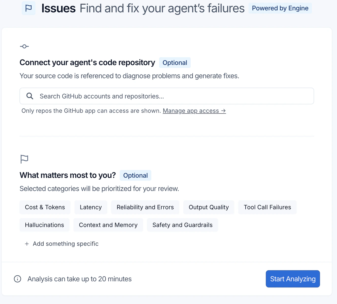 Setup dialog showing the code repository field and category selections for prioritizing issue types