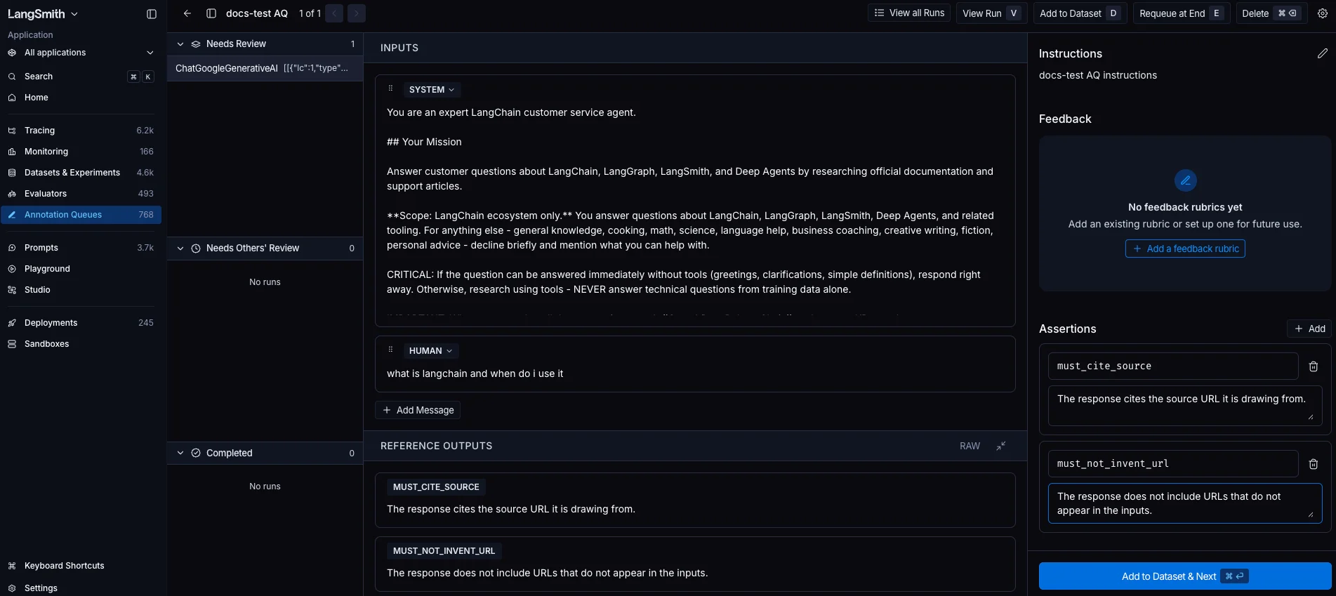 Annotation queue run editor with assertions added in the side panel and the Outputs panel showing a read-only preview of those assertions.