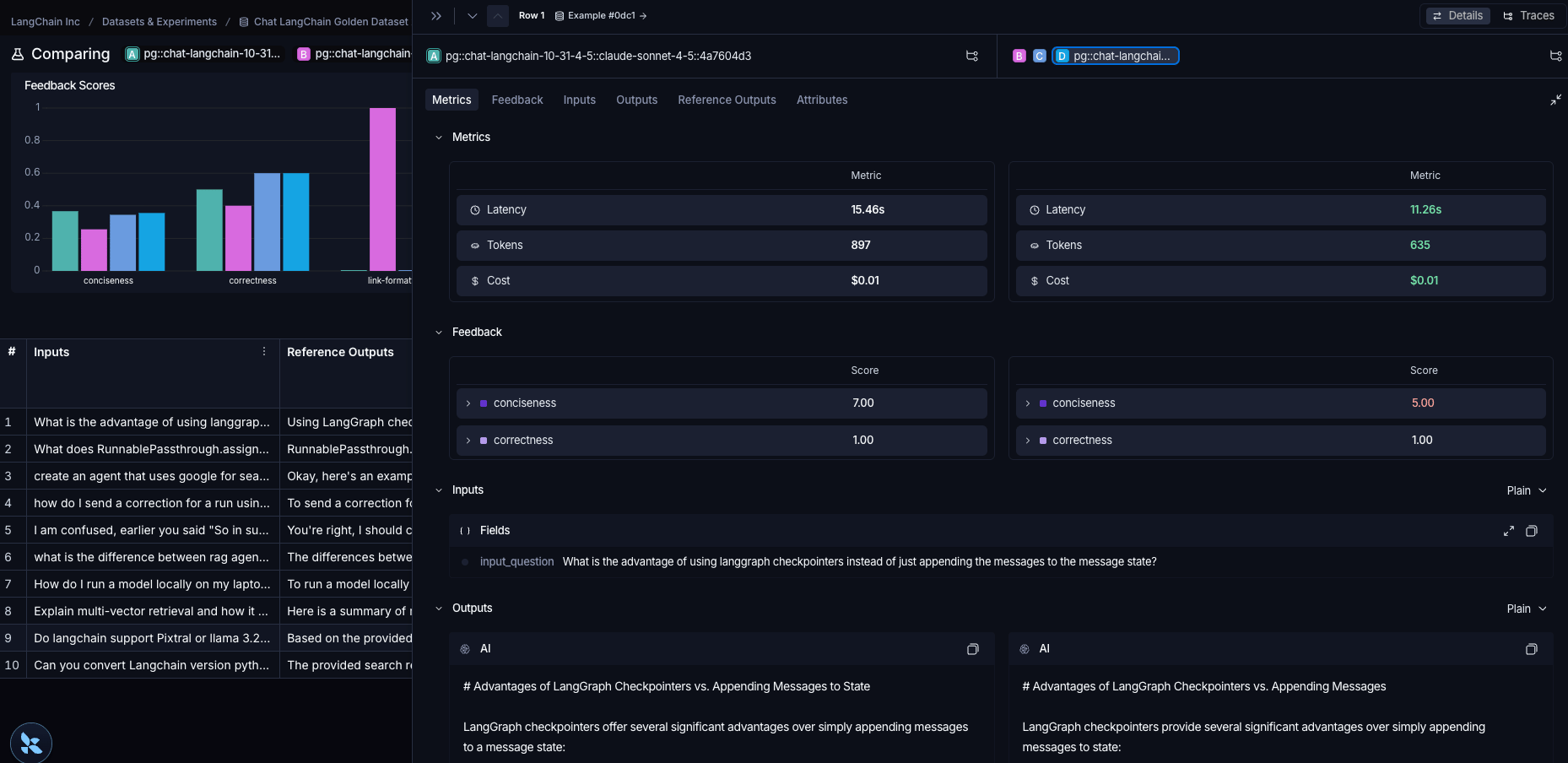 An example in the expanded Comparing Experiments view, in dark mode.