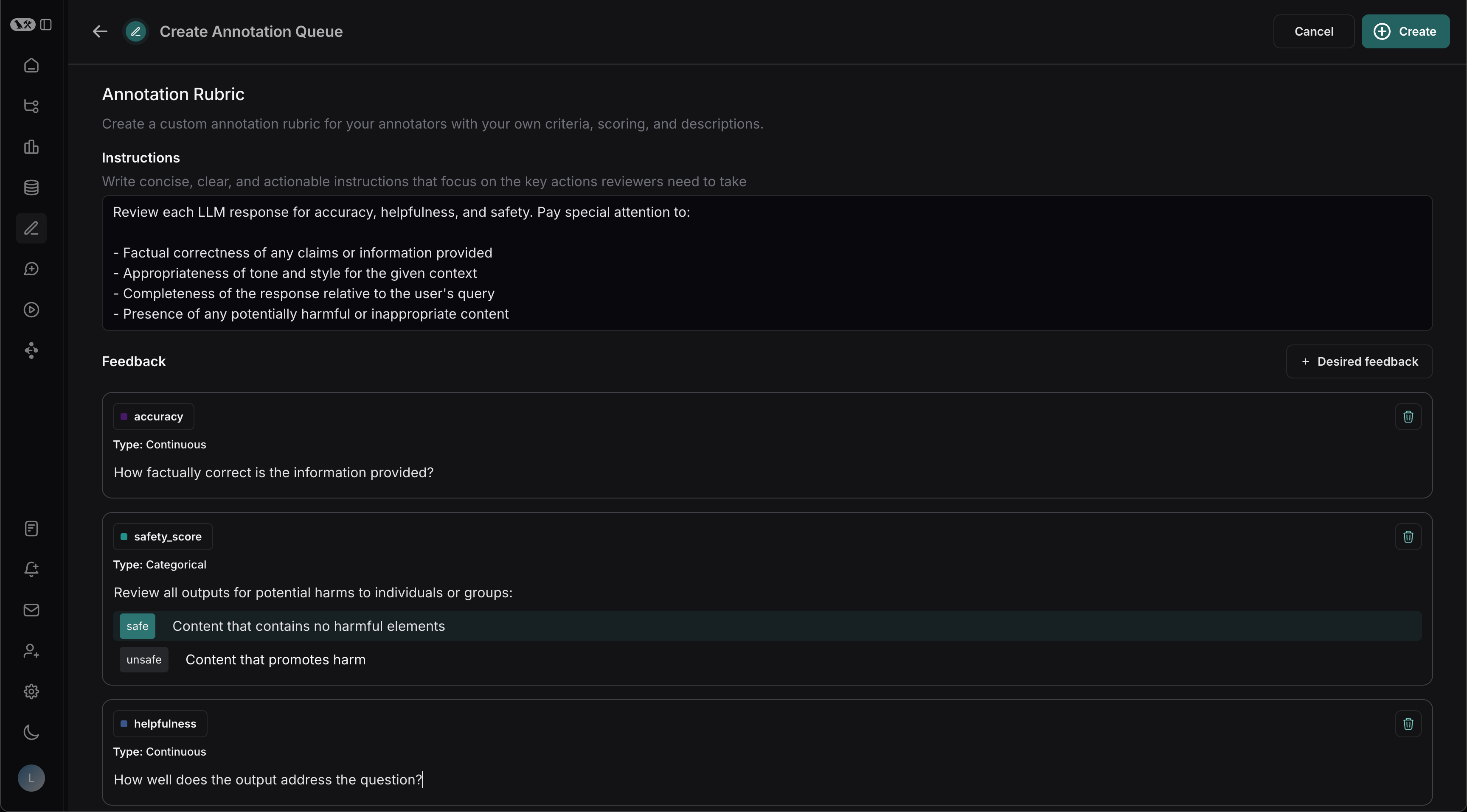 Annotation queue rubric form with instructions and desired feedback entered.
