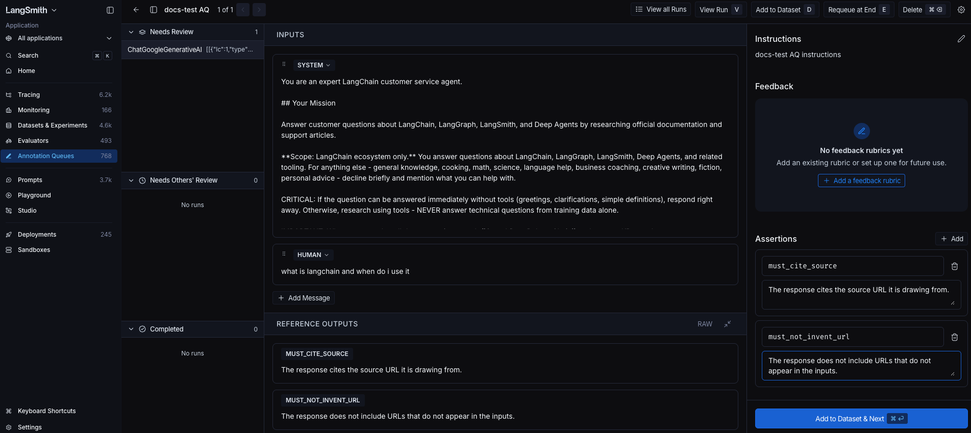 Annotation queue run editor with assertions added in the side panel and the Outputs panel showing a read-only preview of those assertions.