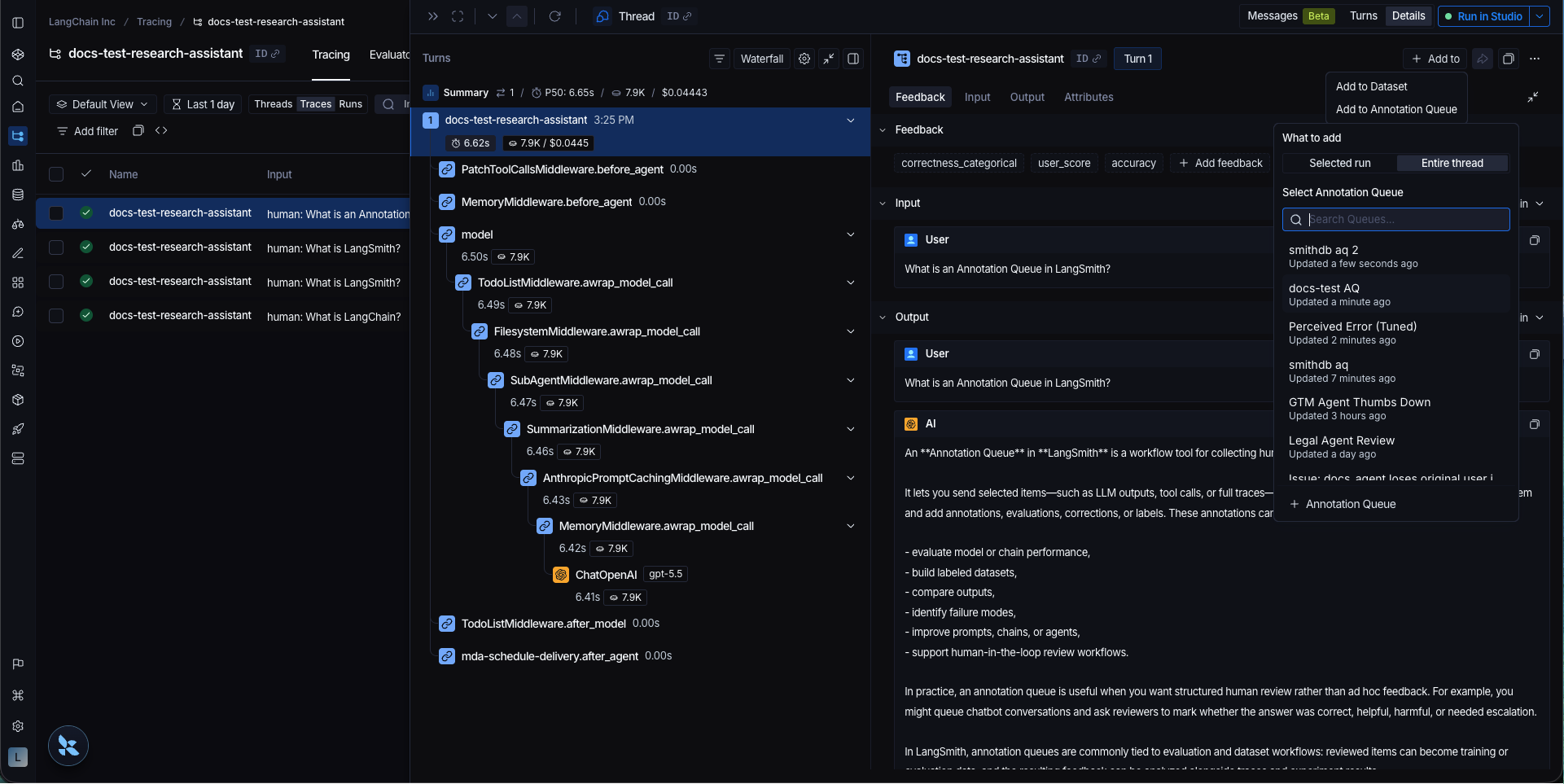 Add to Annotation Queue popover with What to add tabs for Selected run and Entire thread, and a queue picker.