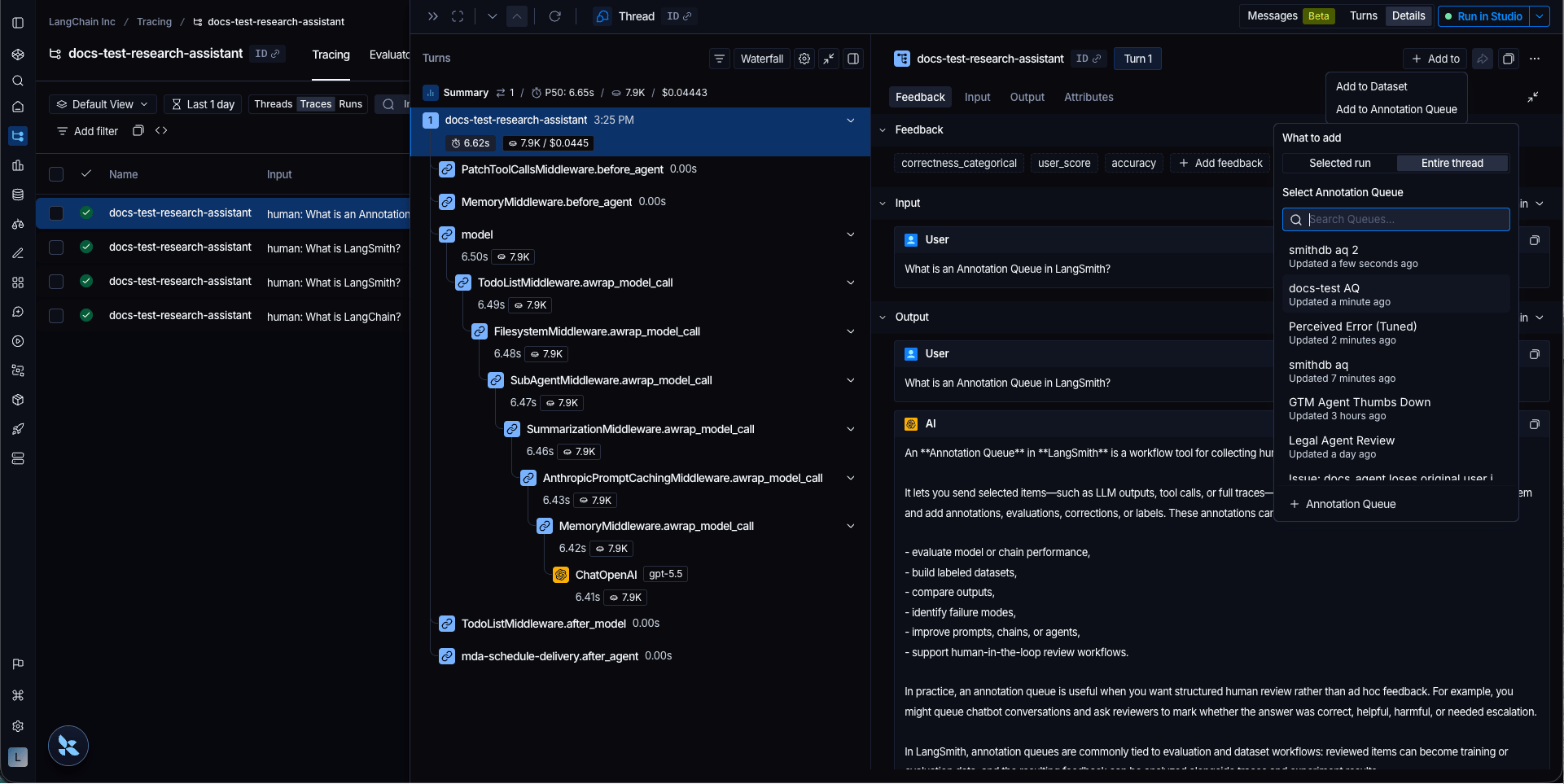 Add to Annotation Queue popover with What to add tabs for Selected run and Entire thread, and a queue picker.