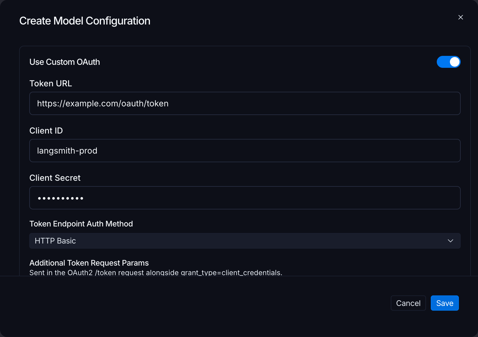 Model configuration Create modal in LangSmith Settings with Use Custom OAuth toggled on, showing Token URL, Client ID, masked Client Secret, and Token Endpoint Auth Method set to HTTP Basic.