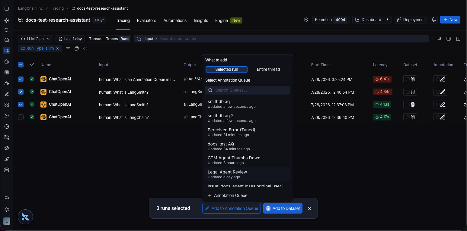 View of the runs table with runs selected. Add to Annotation Queue button at the bottom of the page.