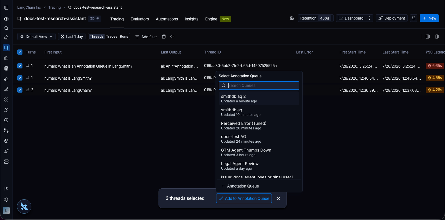 Threads tab with selected threads and the Add to Annotation Queue bulk action.