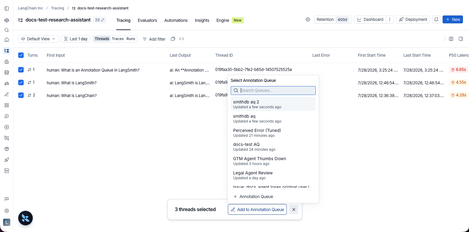 Threads tab with selected threads and the Add to Annotation Queue bulk action.