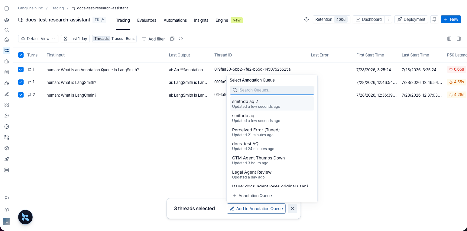 Threads tab with selected threads and the Add to Annotation Queue bulk action.
