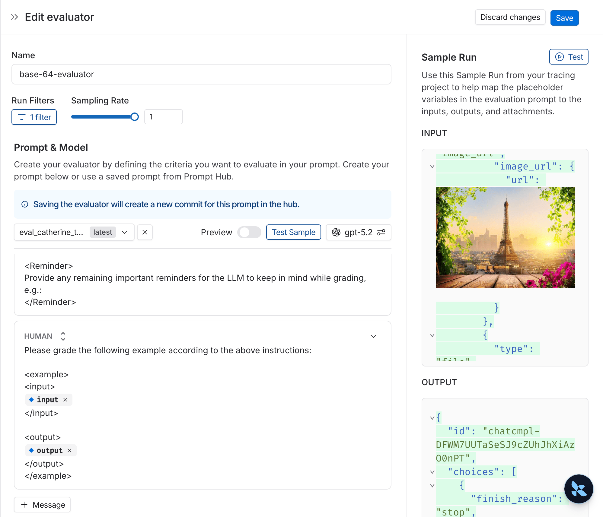 Edit evaluator modal with an image attachment selected for the input.