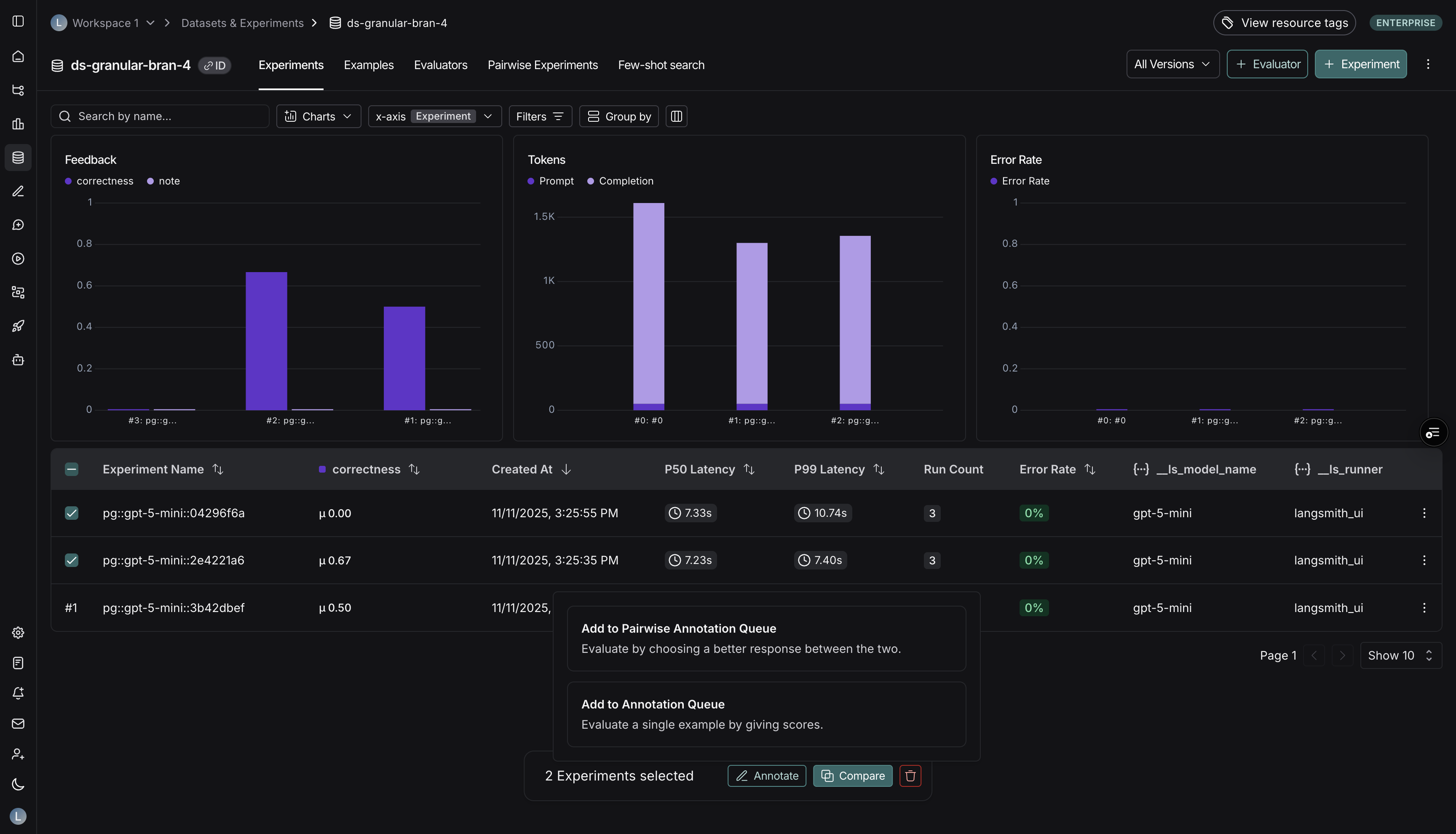 Popover showing the "Add to Pairwise Annotation Queue" card highlighted after two experiments are selected.