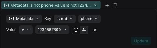 LangSmith filter showing negative filtering with 'is not' operator for both key and value