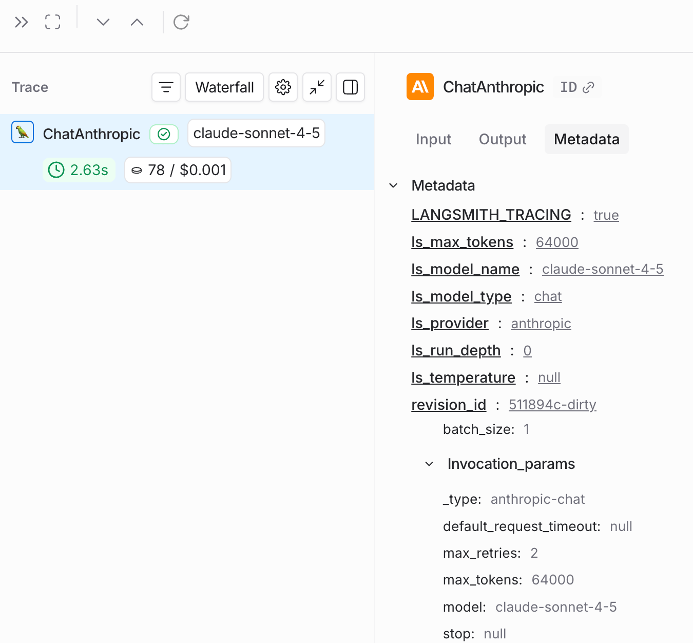 Metadata for a run in the LangSmith UI.