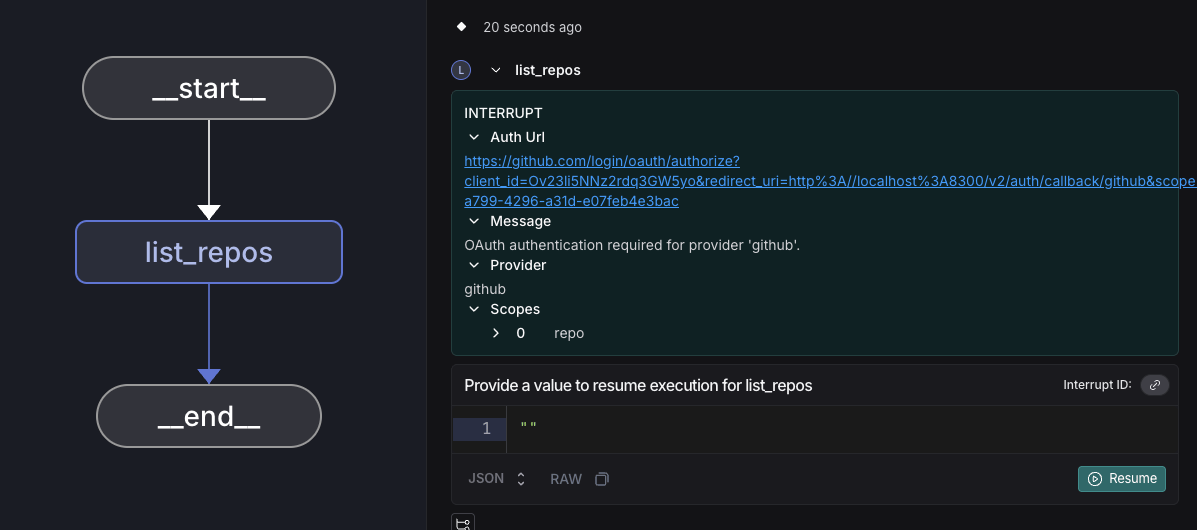 Studio interrupt showing OAuth URL