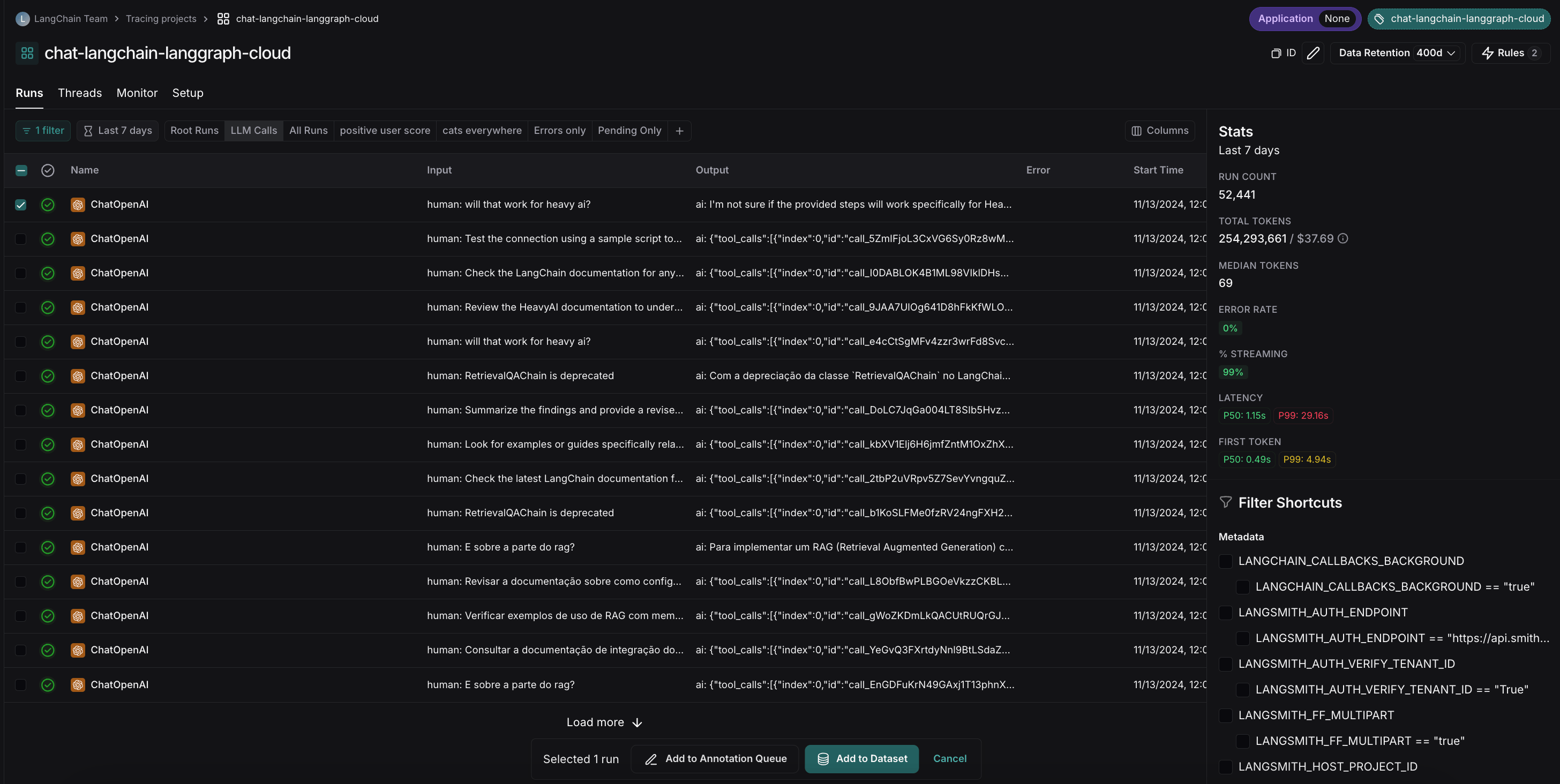The Runs table with a run selected and the Add to Dataset button visible at the bottom of the page.