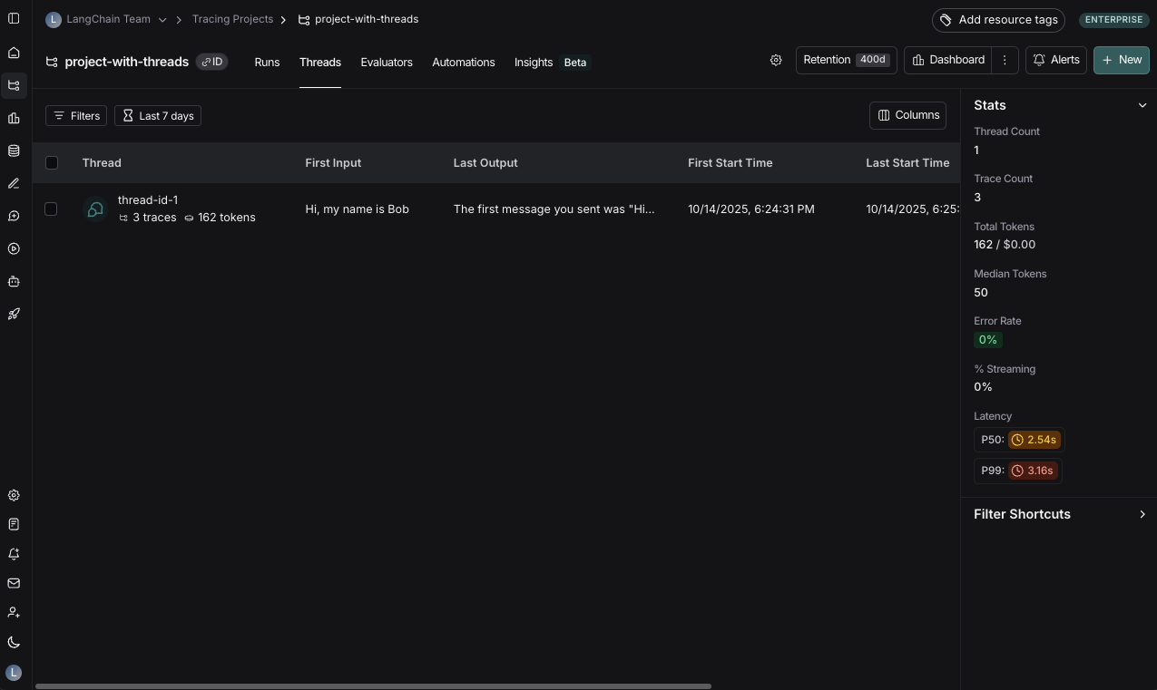 LangSmith UI showing the threads table.